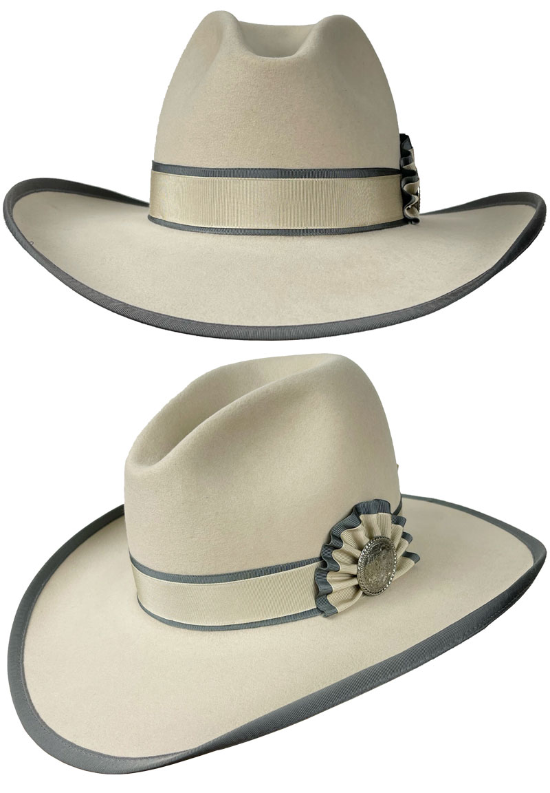 199 Gus 20X Bone color hat with Rosette bone on grey hatband and Flower engraved concho and grey binding