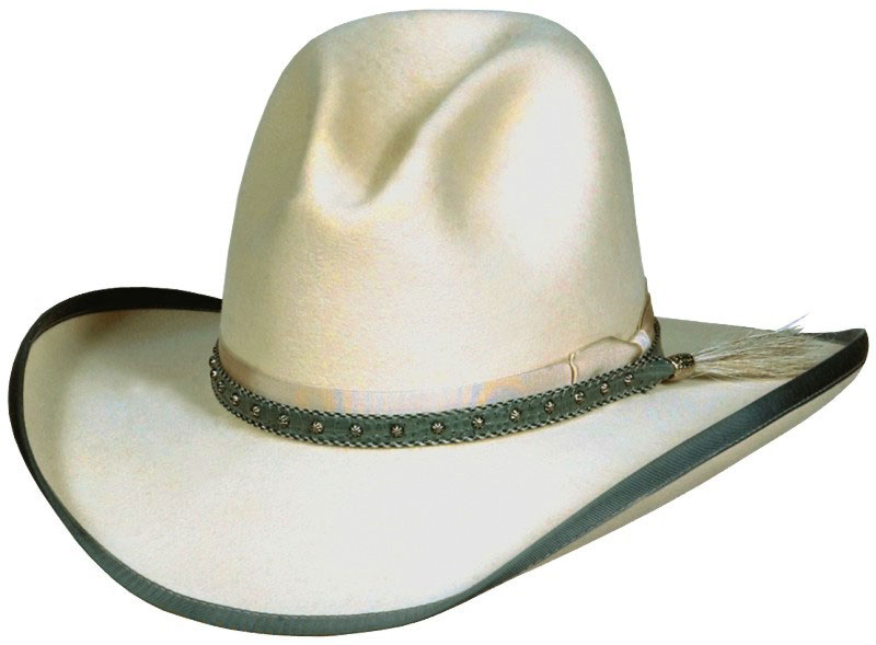 22 Gus bone color hat with RA 130 Grey studded leather hatband, horsehair tail