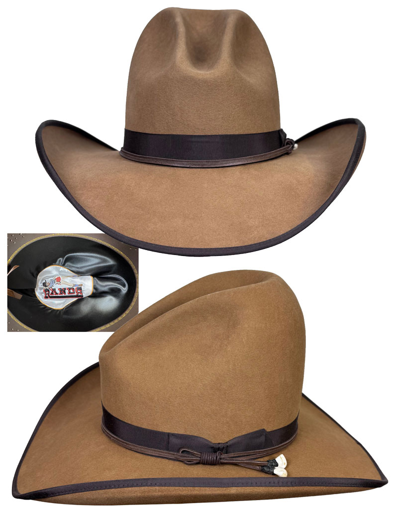 290 Drifter - Tom Horn Camel color hat with Charcoal brown ribbon and Lattigo lacing with hand-tied elk teeth. Randi liner.