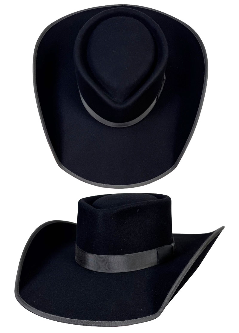 349 Pinched Telescope black color hat with charcoal satin ribbon hatband and slack satin bow
