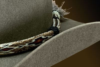 detail of gray hat with hitched horsehair hatband